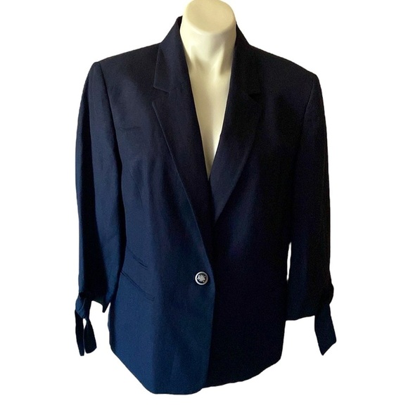 Nine West Jackets & Blazers - Nine West Navy Blue Preppy Linen Blend Blazer Jacket With Tie Sleeves Size 14
